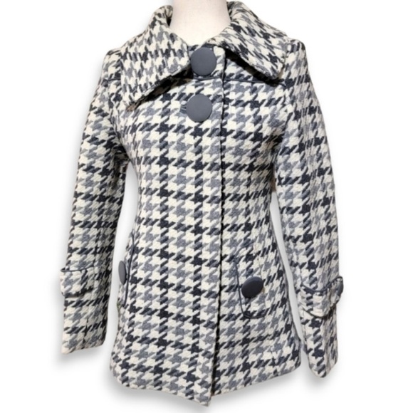 [M]Soia & Kyo Black and White Wool Blend Houndstooth Pea Coat - Picture 1 of 10
